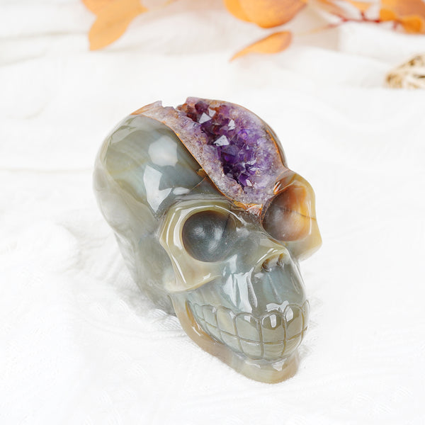 Agate Skull Head Carving With Geode【1160g】