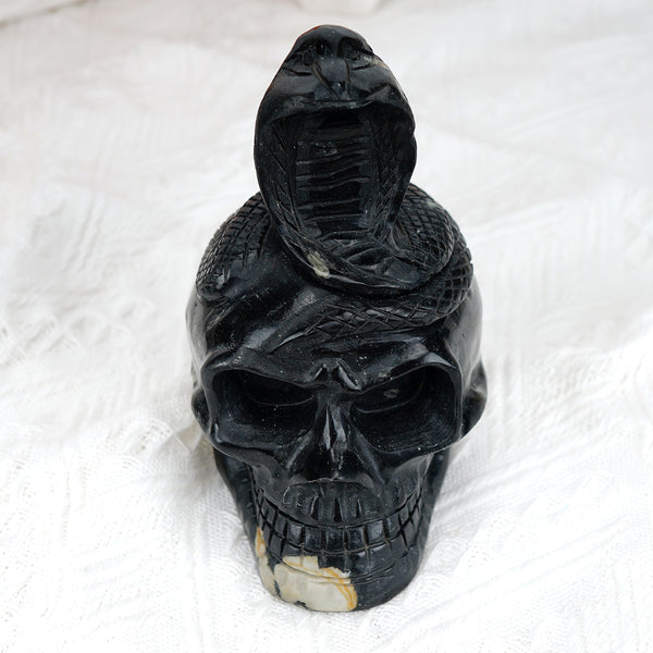 Obsidian Snake With Skull Carving [16cm]